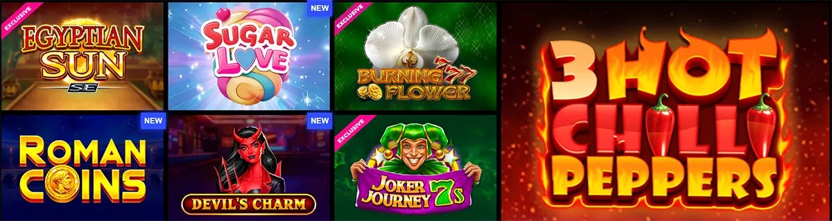 Selection of online slot games including Egyptian Sun, Sugar Love, Burning Flower, Roman Coins, Devil