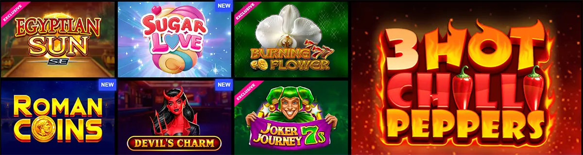 Selection of online slot games including Egyptian Sun, Sugar Love, Burning Flower, Roman Coins, Devil's Charm, Joker Journey, and 3 Hot Chilli Peppers.