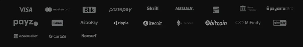 Logos of supported payment methods including Visa, Mastercard, Blik, Postepay, Skrill, Neteller, Payz, Klarna, AstroPay, Ripple, Litecoin, Ethereum, Bitcoin, MiFinity, Giropay, eZeeWallet, CartaSi, Neosurf, Bank Transfer, and Paysafecard.
