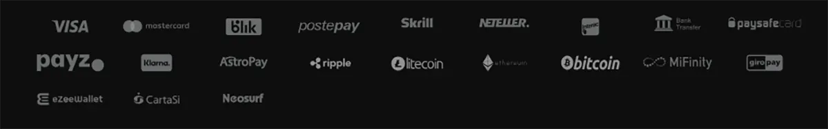 Logos of supported payment methods including Visa, Mastercard, Blik, Postepay, Skrill, Neteller, Payz, Klarna, AstroPay, Ripple, Litecoin, Ethereum, Bitcoin, MiFinity, Giropay, eZeeWallet, CartaSi, Neosurf, Bank Transfer, and Paysafecard.