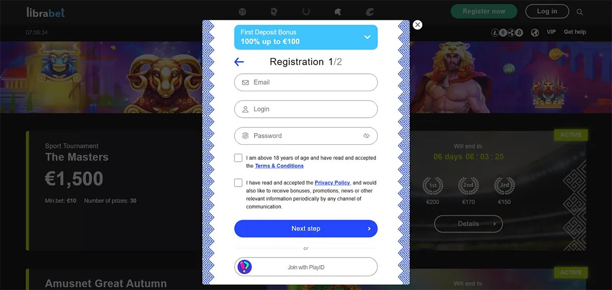 Online casino registration form asking for email, login, password, and user consent.