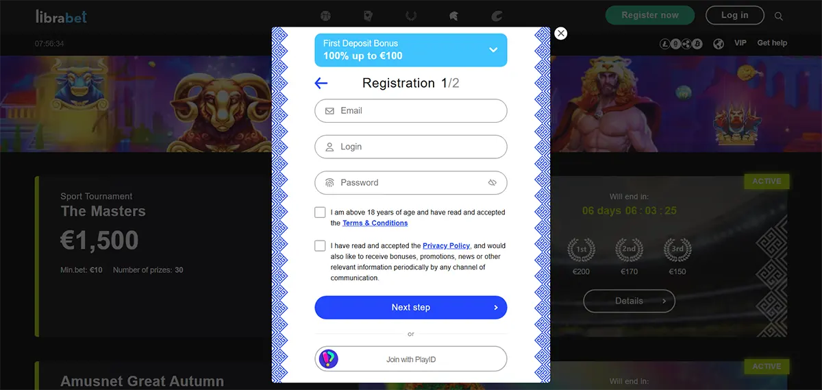 Online casino registration form asking for email, login, password, and user consent.